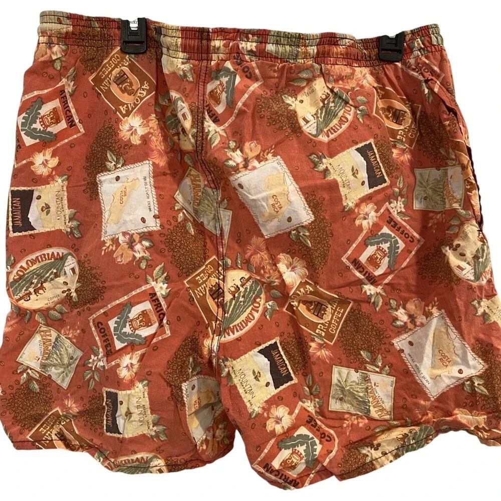 Vintage 1990s SunSports Hawaii‎ Men's Large Swim Trunks Coffee Theme Shorts USA
